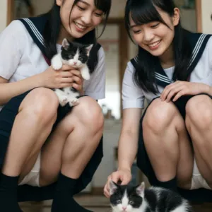 子猫を撫でながらパンチラする制服娘