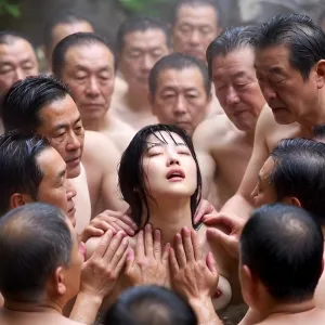 露天風呂で親父たちに囲まれる美女