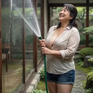 大きな窓を掃除するぽっちゃり巨乳熟女