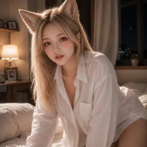 白シャツで、少し前かがみ