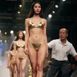 金色ビキニ娘、ランウェイ上でハプニング！