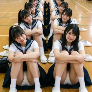 制服娘、期の始まり体育座りパンツちらり